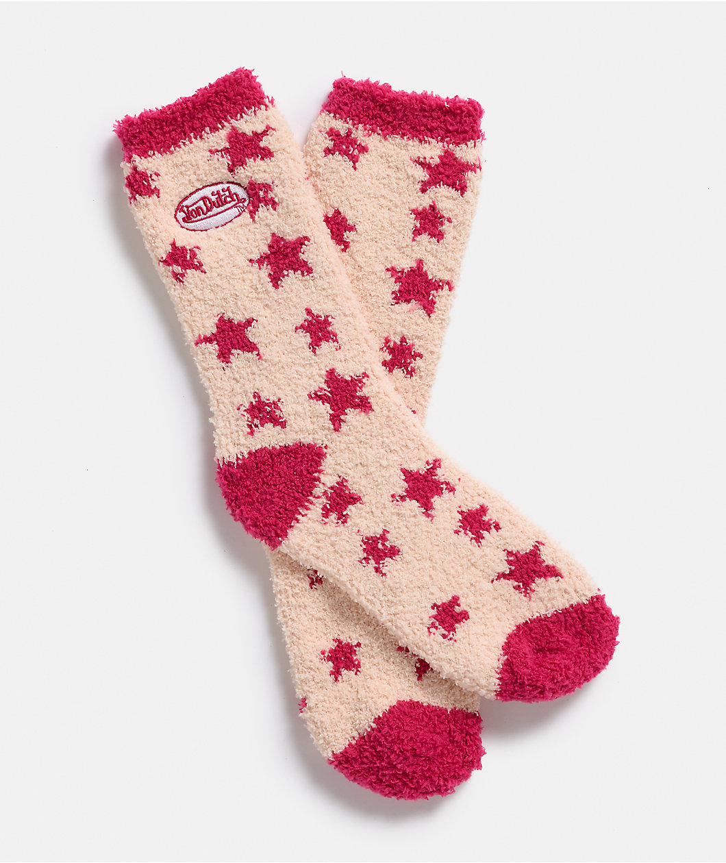 Von Dutch Fuzzy Stars Natural & Pink Crew Socks