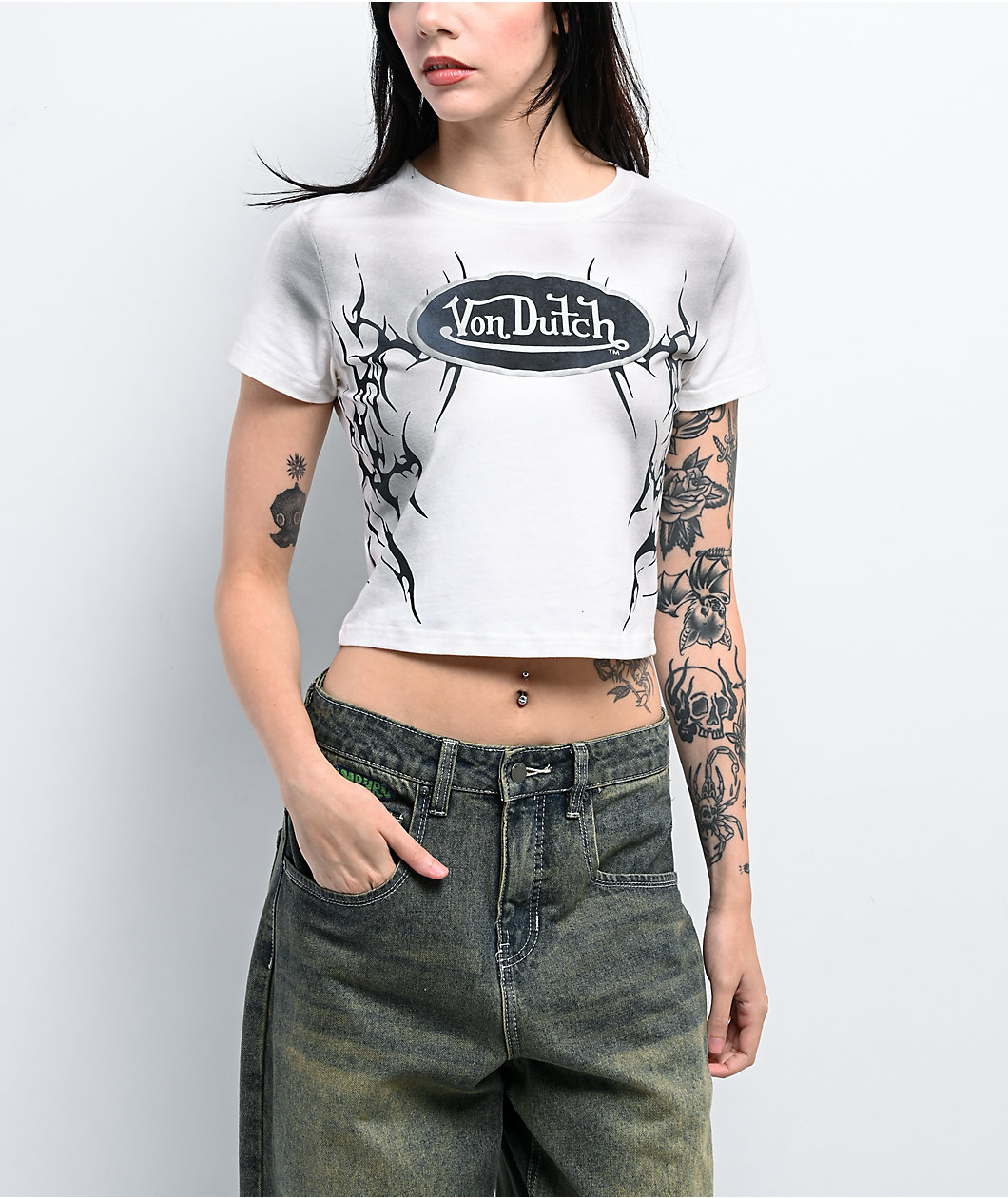 Von Dutch Gardenia Mineral Wash White Crop T-Shirt