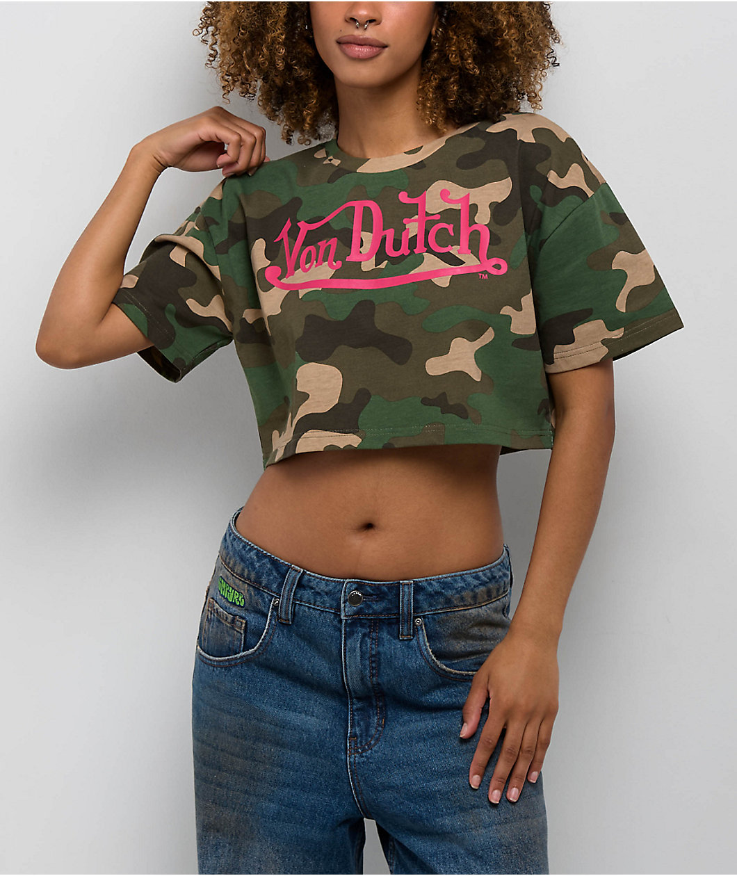 Von Dutch Logo Camo Crop T-Shirt