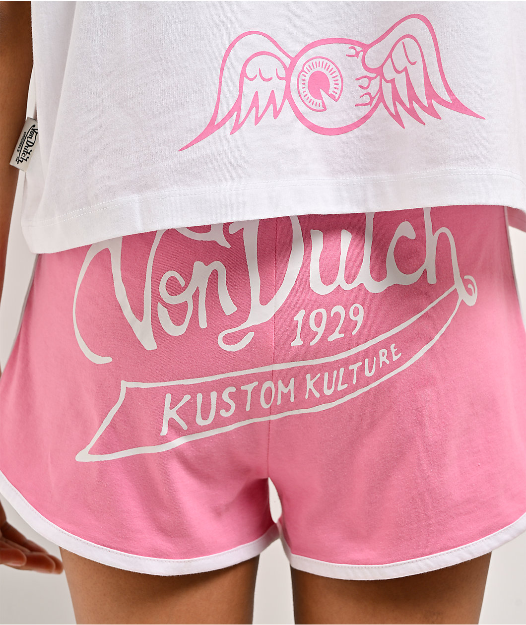 Von Dutch Off Shoulder Pink & White Lounge Set