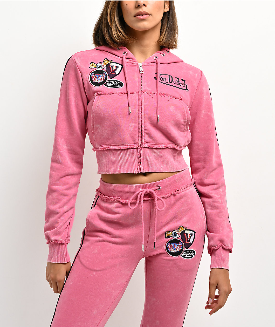 Von Dutch Rope Pink Wash Crop Zip Hoodie