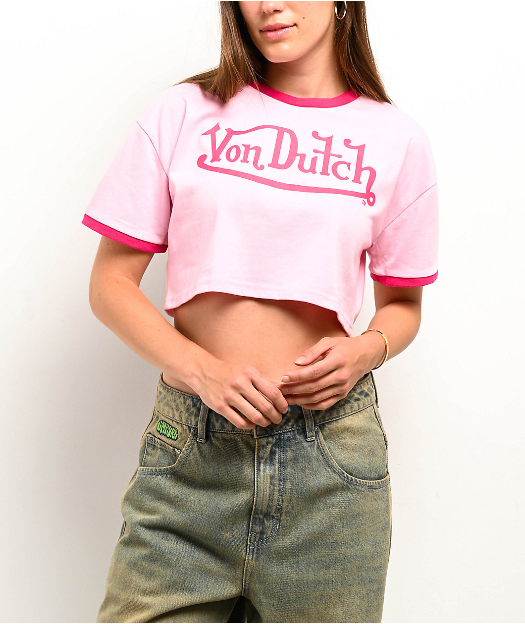 Von Dutch Signature Pink Ringer Crop T-Shirt