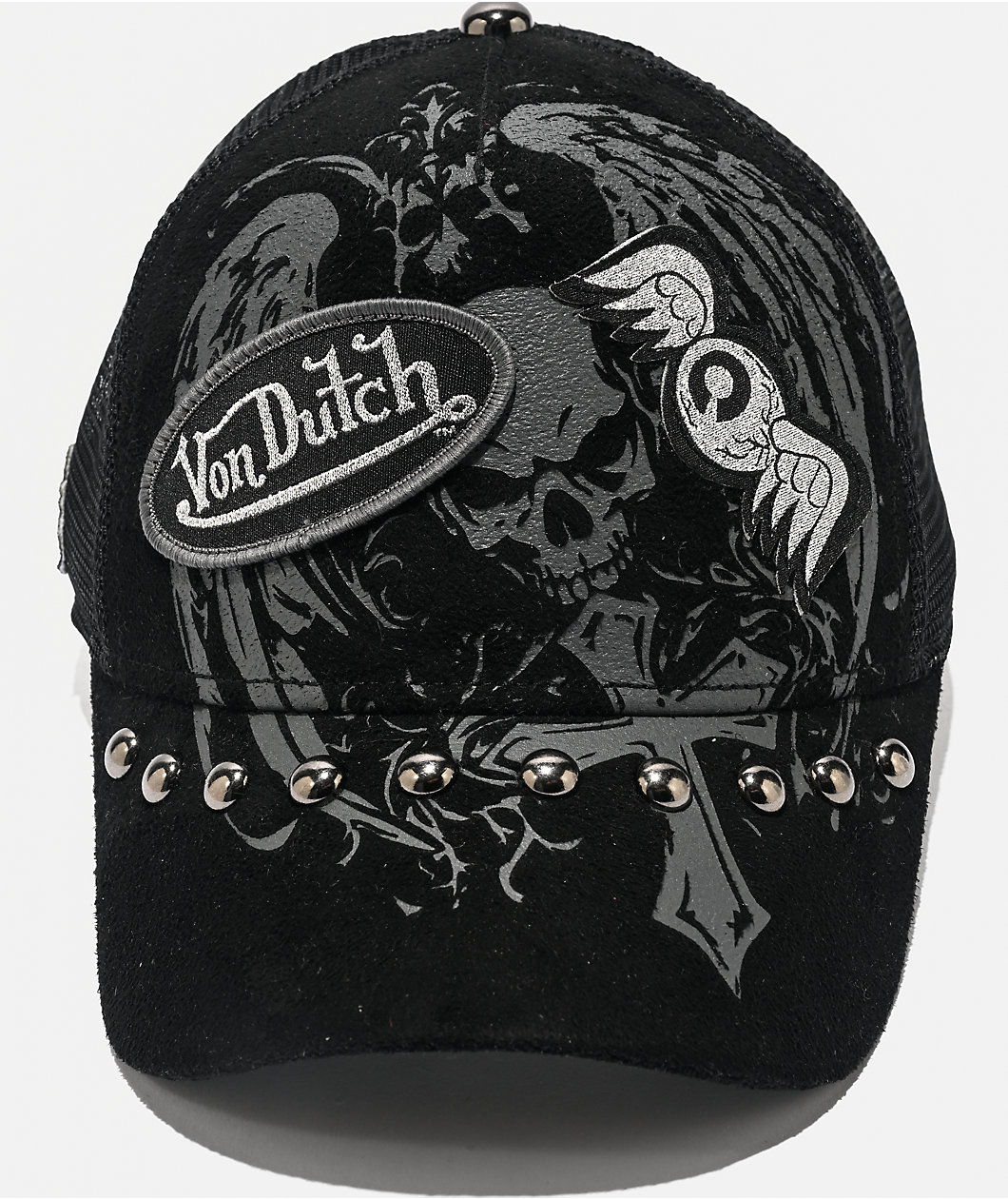 Von Dutch Studded Black Suede Trucker Hat