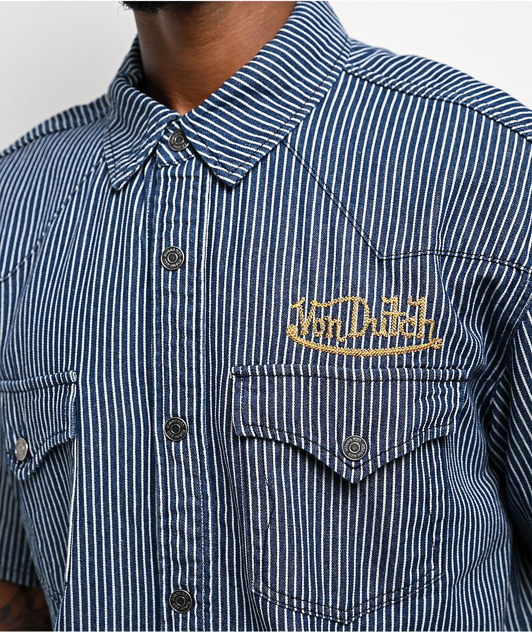 Von Dutch The Dean Navy Stripe Crop Short Sleeve Button Up Shirt