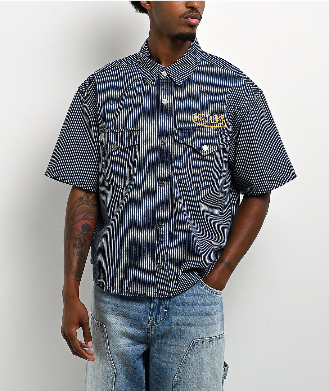 Von Dutch The Dean Navy Stripe Crop Short Sleeve Button Up Shirt