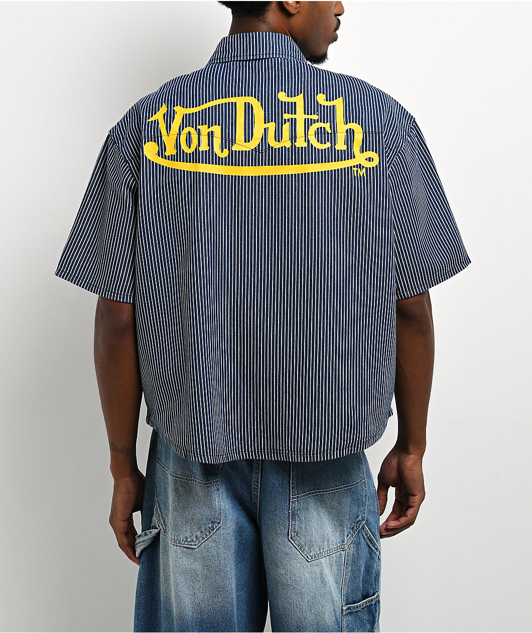 Von Dutch The Dean Navy Stripe Crop Short Sleeve Button Up Shirt