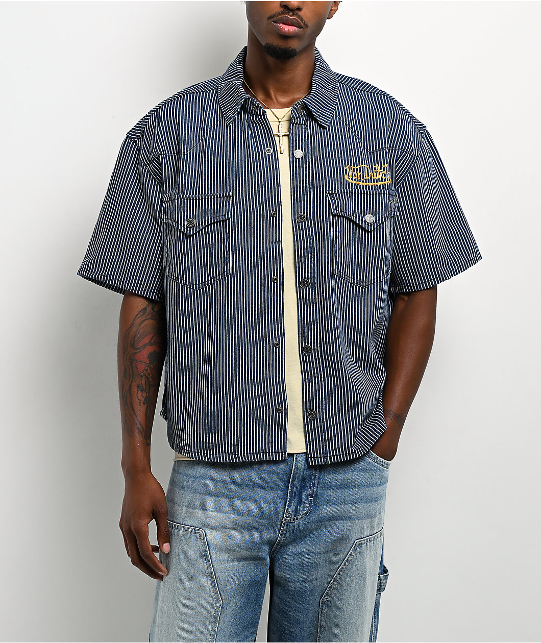 Von Dutch The Dean Navy Stripe Crop Short Sleeve Button Up Shirt