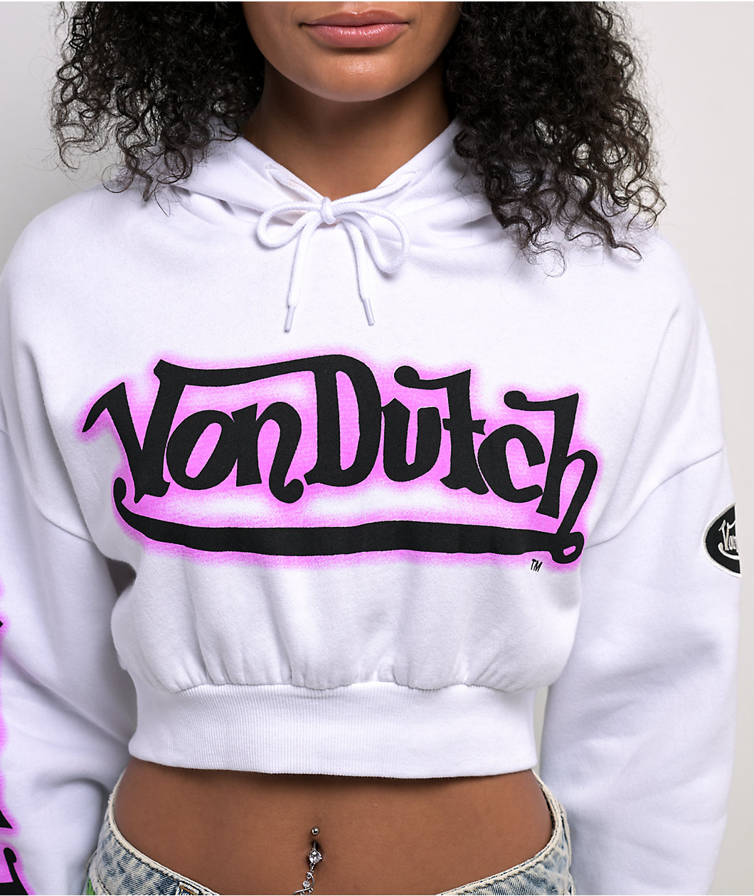 Von Dutch White & Pink Crop Hoodie