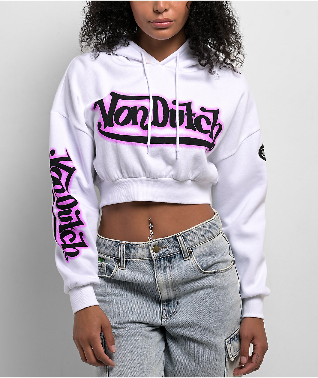 Von Dutch White & Pink Crop Hoodie