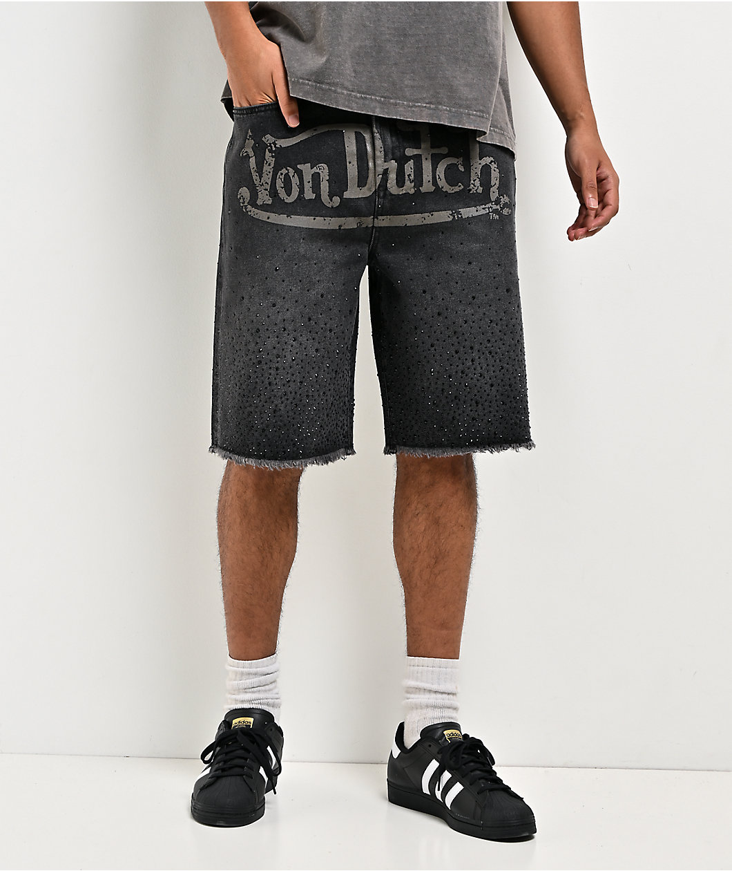 Von Dutch x Broken Promises Night Sky Rhinestone Black Wash Denim Shorts