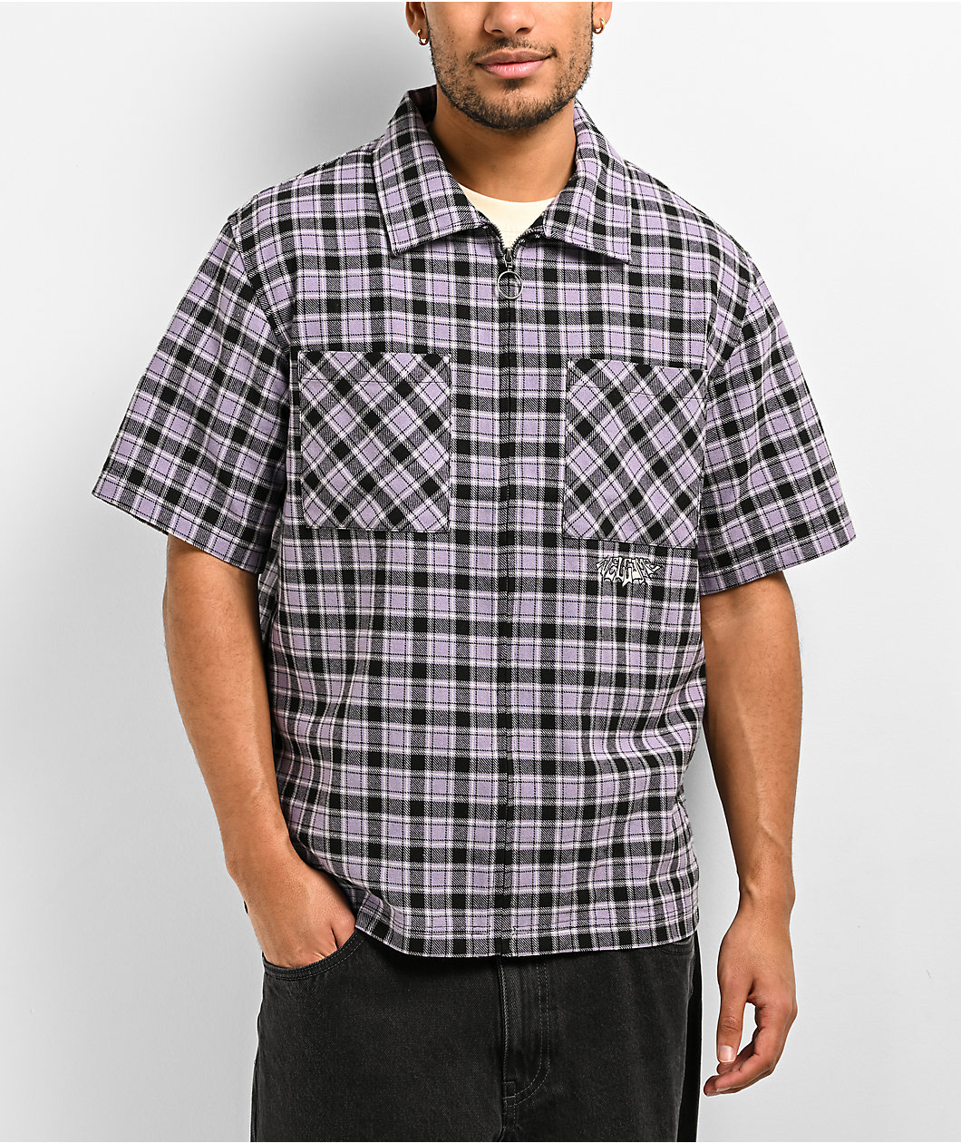 Welcome Cell Plaid Lavender Grey Short Sleeve Work Shirt