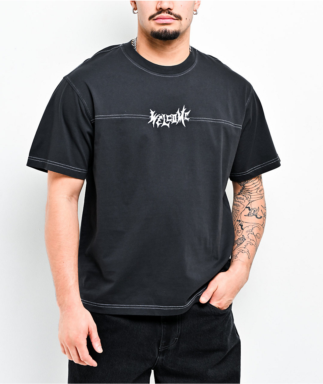 Welcome Contrast Black T-Shirt