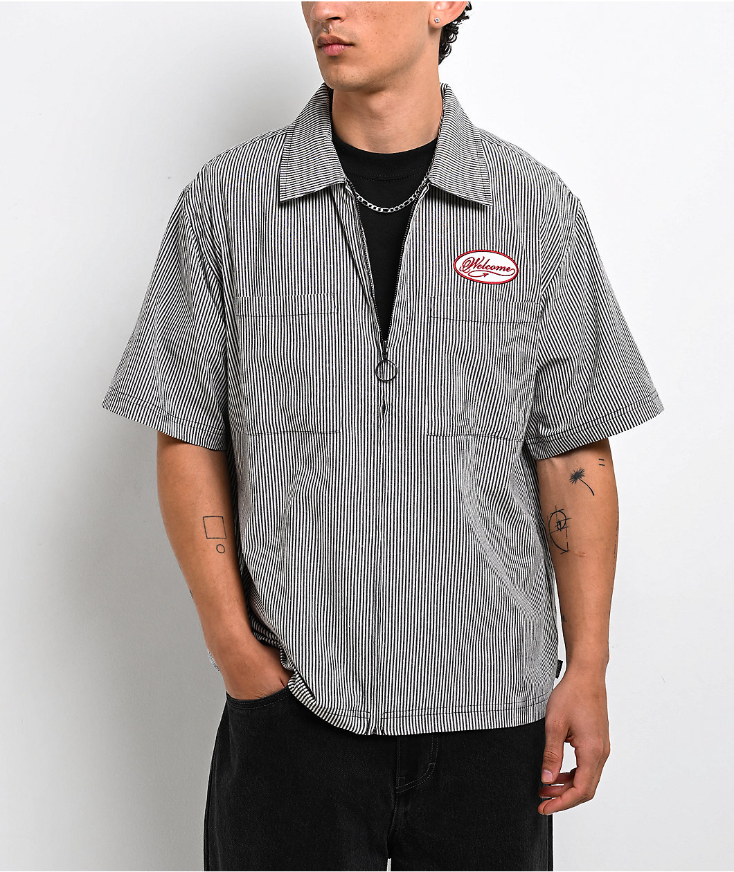 Welcome Garage White & Black Stripe Zip Work Shirt