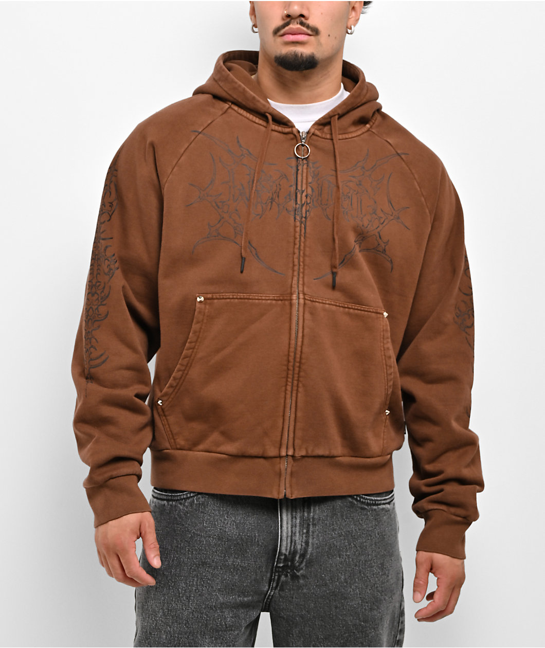 Welcome Grapple Brown Wash Crop Zip Hoodie