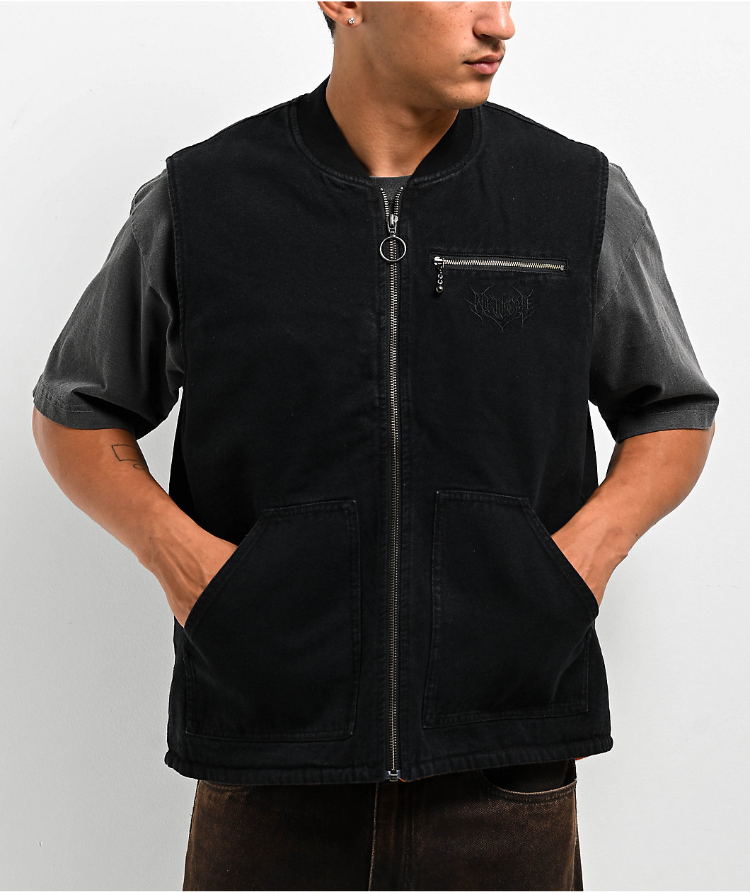 Welcome Splinter Enzyme Wash Black Canvas Zip Vest