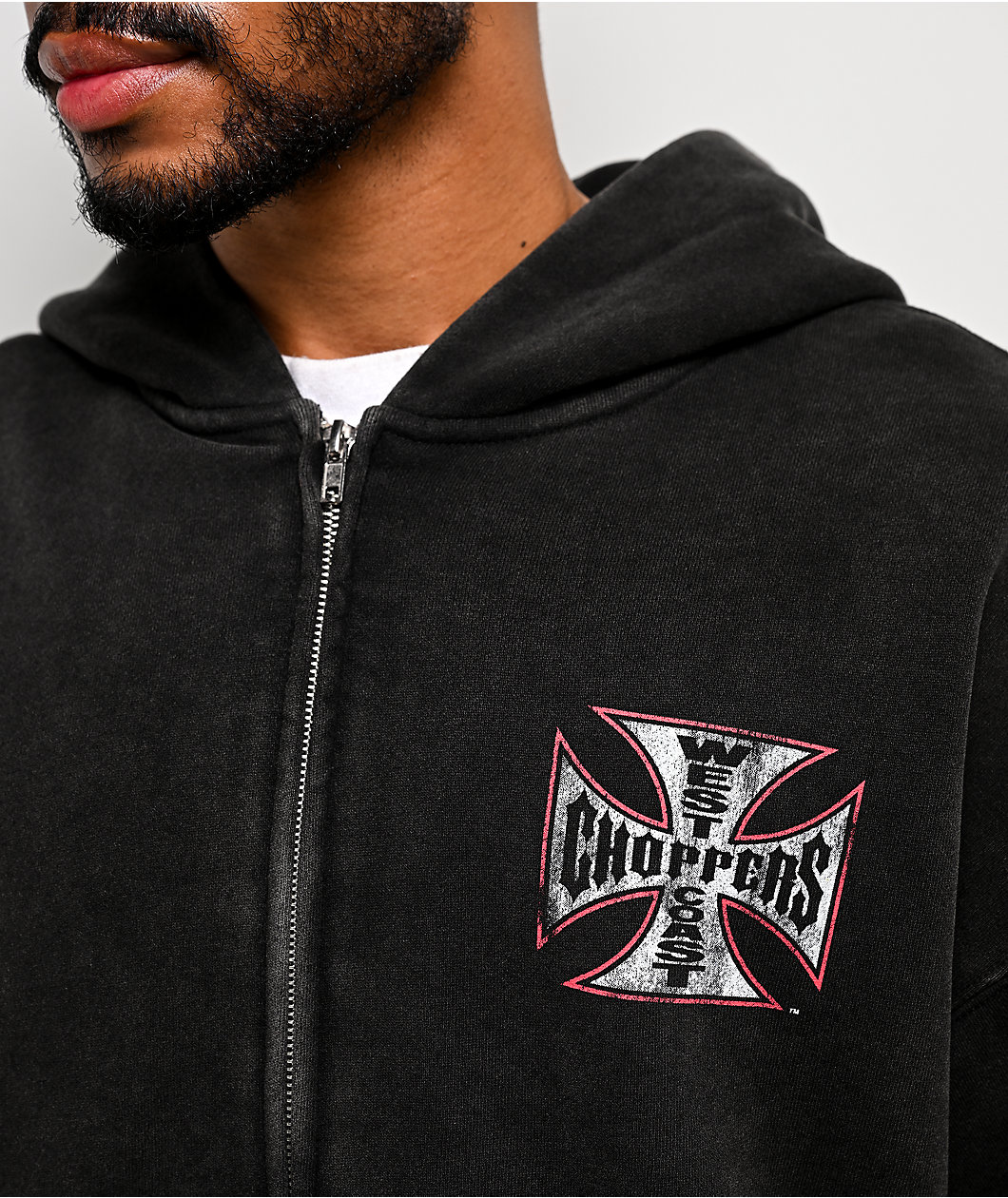 West Coast Choppers Red Outline Black Wash Zip Hoodie