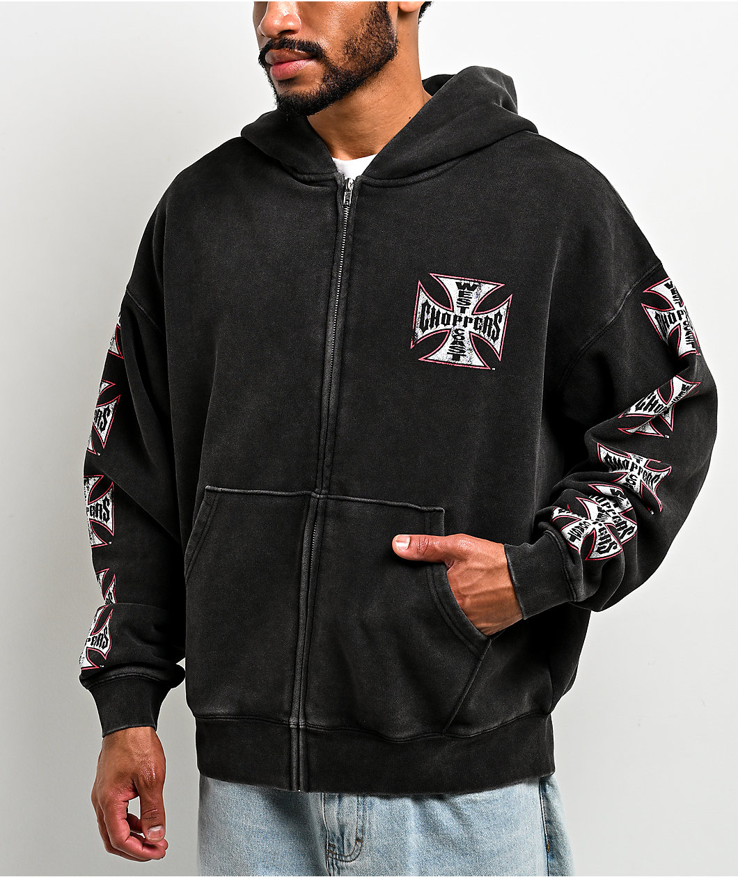 West Coast Choppers Red Outline Black Wash Zip Hoodie