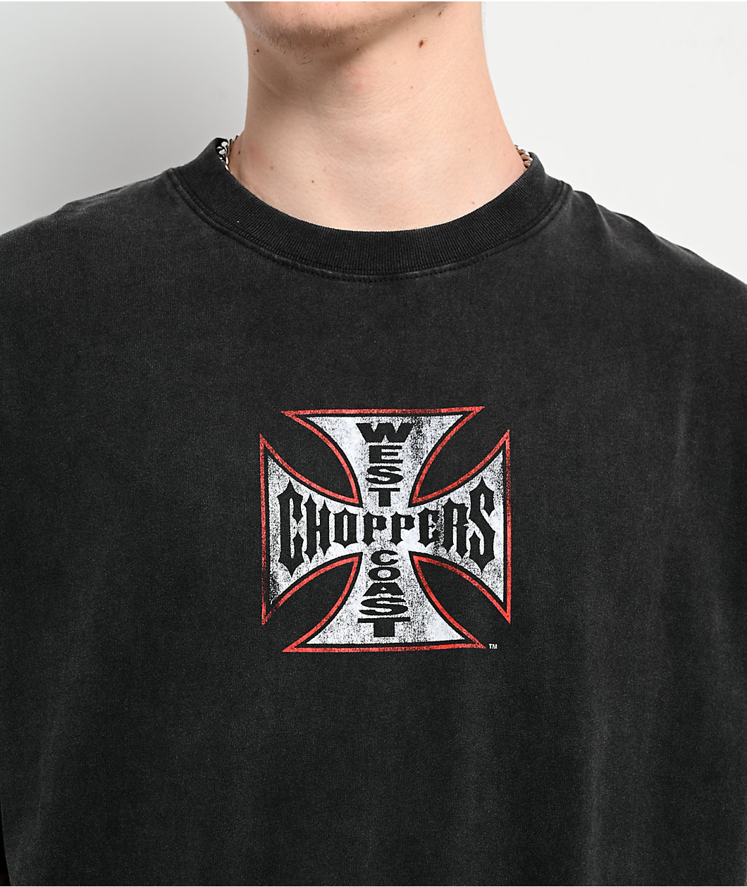 West Coast Choppers Red Outline Cross Washed Black T-Shirt