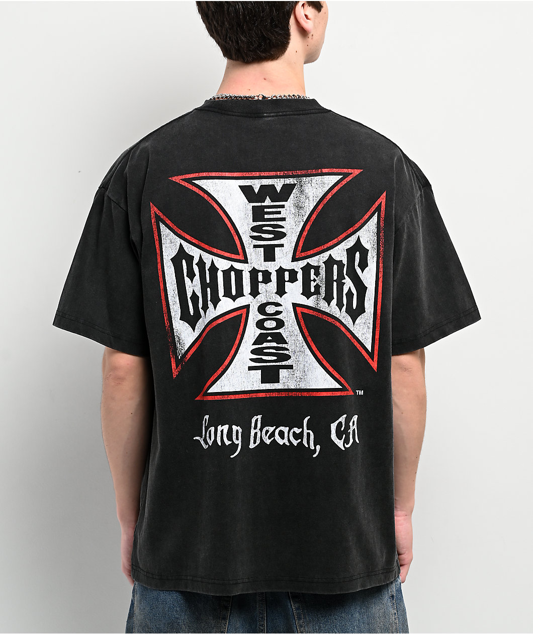 West Coast Choppers Red Outline Cross Washed Black T-Shirt