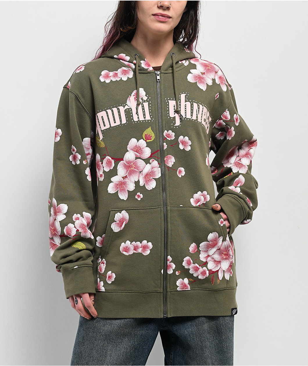 Your Highness Cherry Blossom Green Zip Hoodie