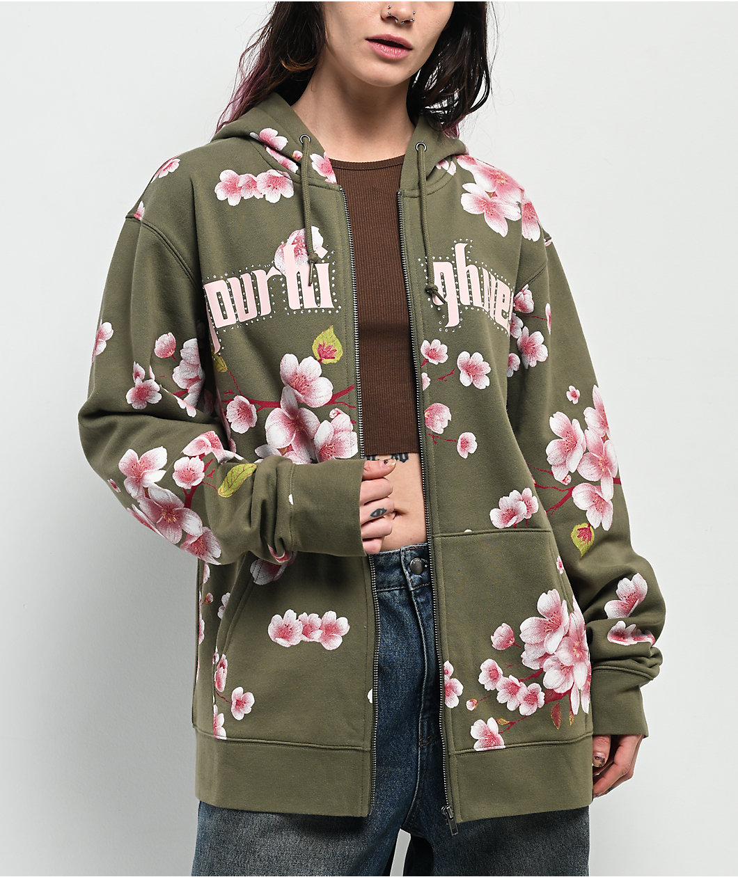 Your Highness Cherry Blossom Green Zip Hoodie