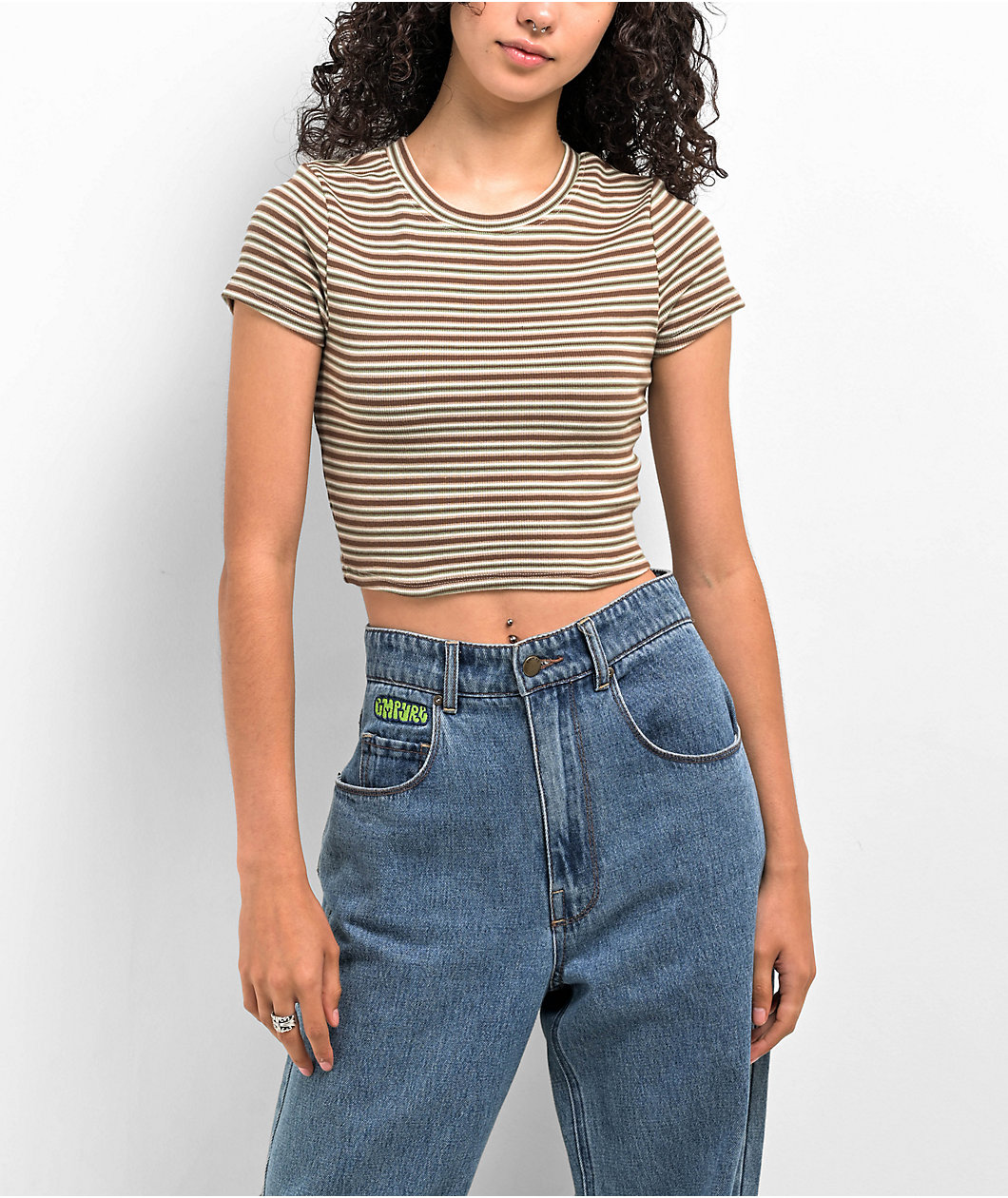 Zine Irina Green & Brown Crop Stripe T-Shirt