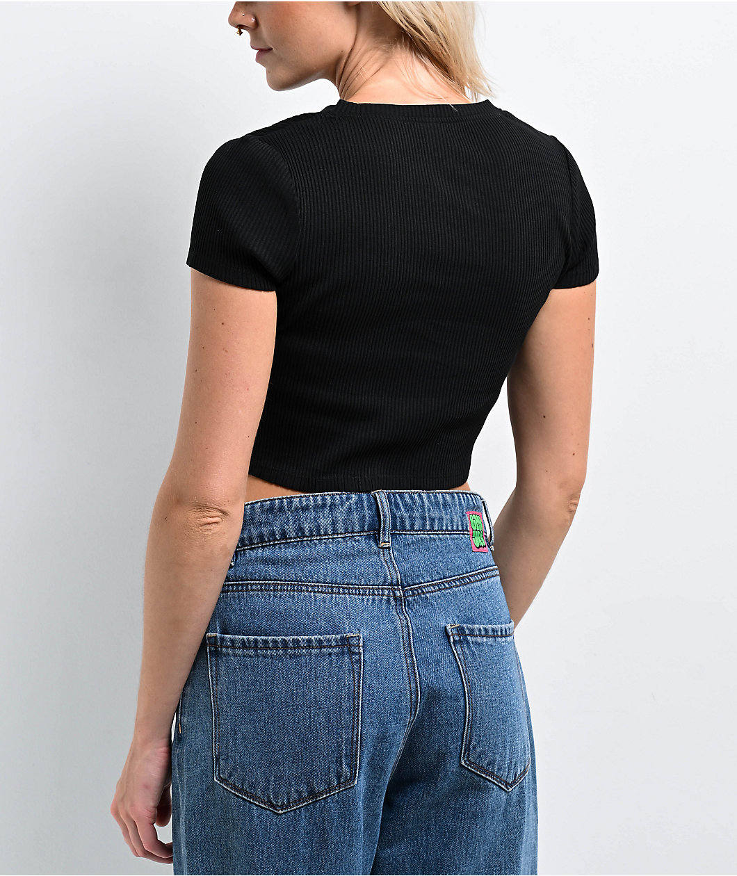 Zine Noreen Black Notched Scoop Neck Crop T-Shirt