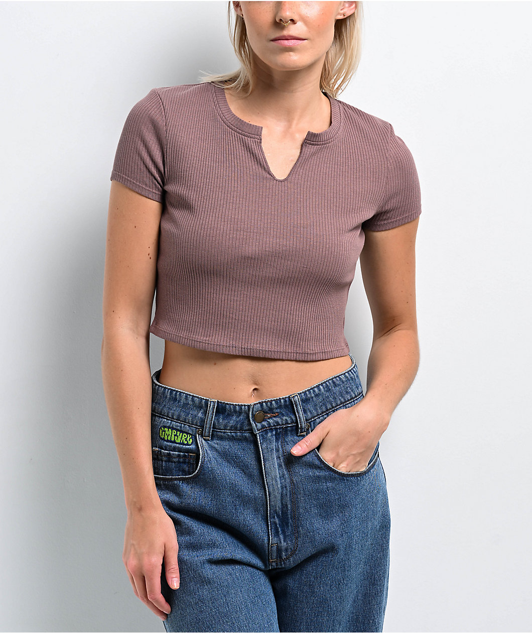 Zine Noreen Deep Taupe Notched Crop T-Shirt