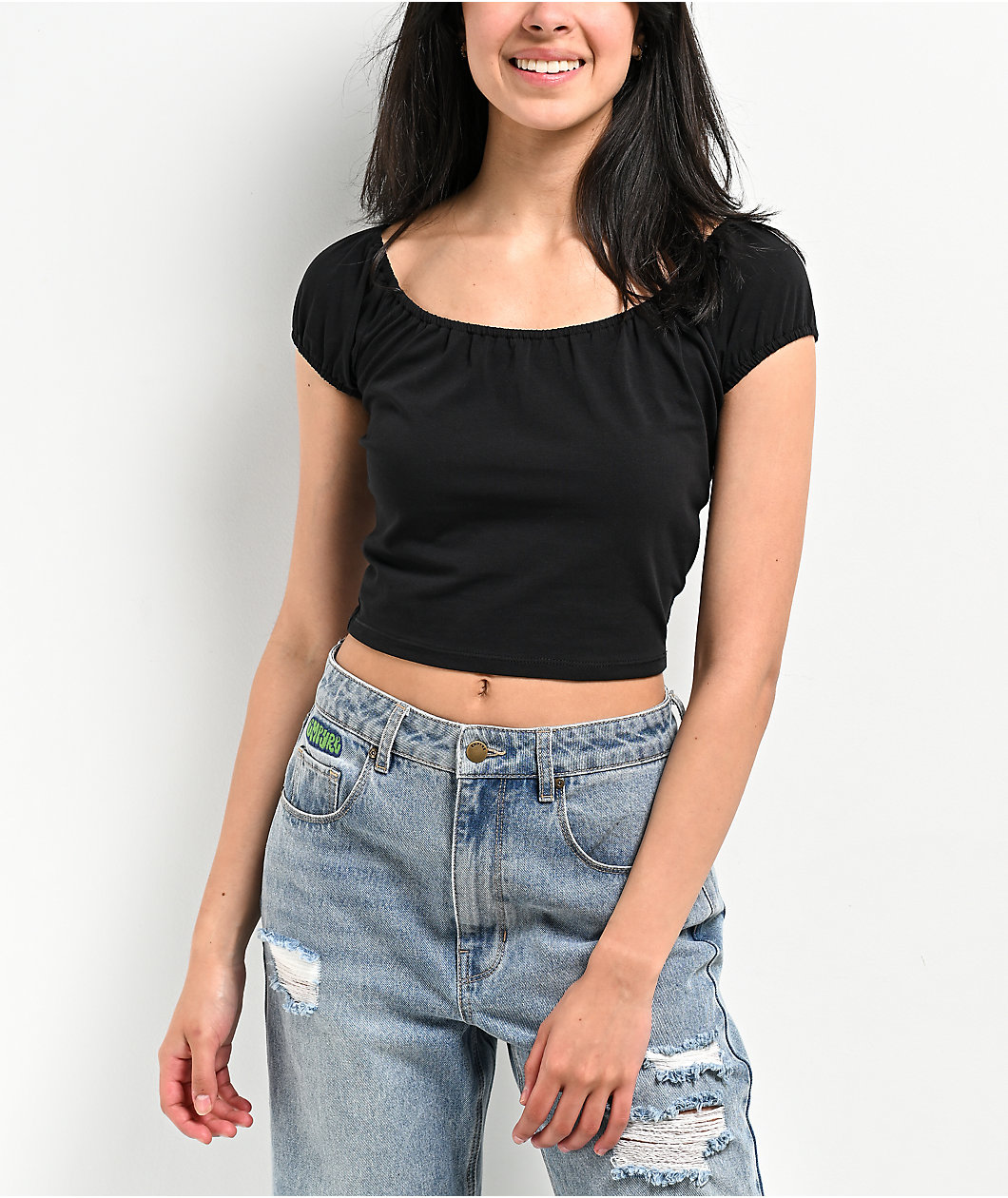 Zine Ruby Black Shirred Crop Top