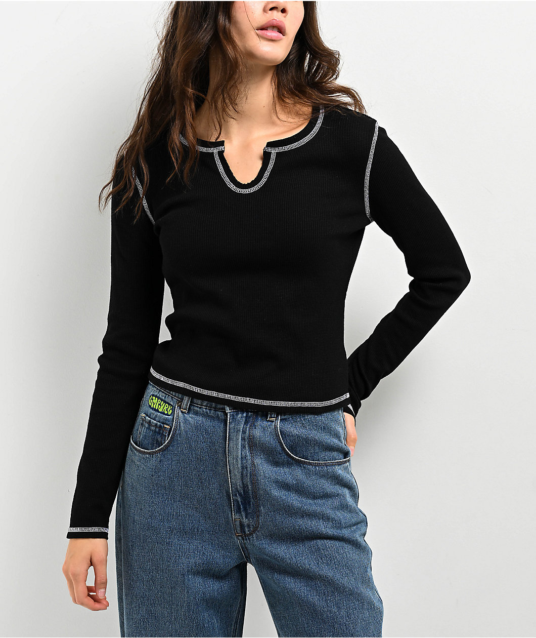 Zine Thora Black Crop Thermal Long Sleeve T-Shirt