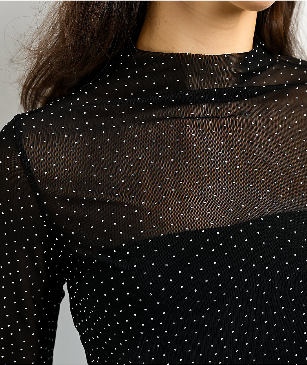 Zutter Swiss Dot Rhinestone Lace Black Long Sleeve Mock Neck Shirt