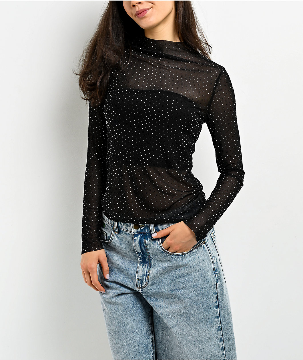 Zutter Swiss Dot Rhinestone Lace Black Long Sleeve Mock Neck Shirt