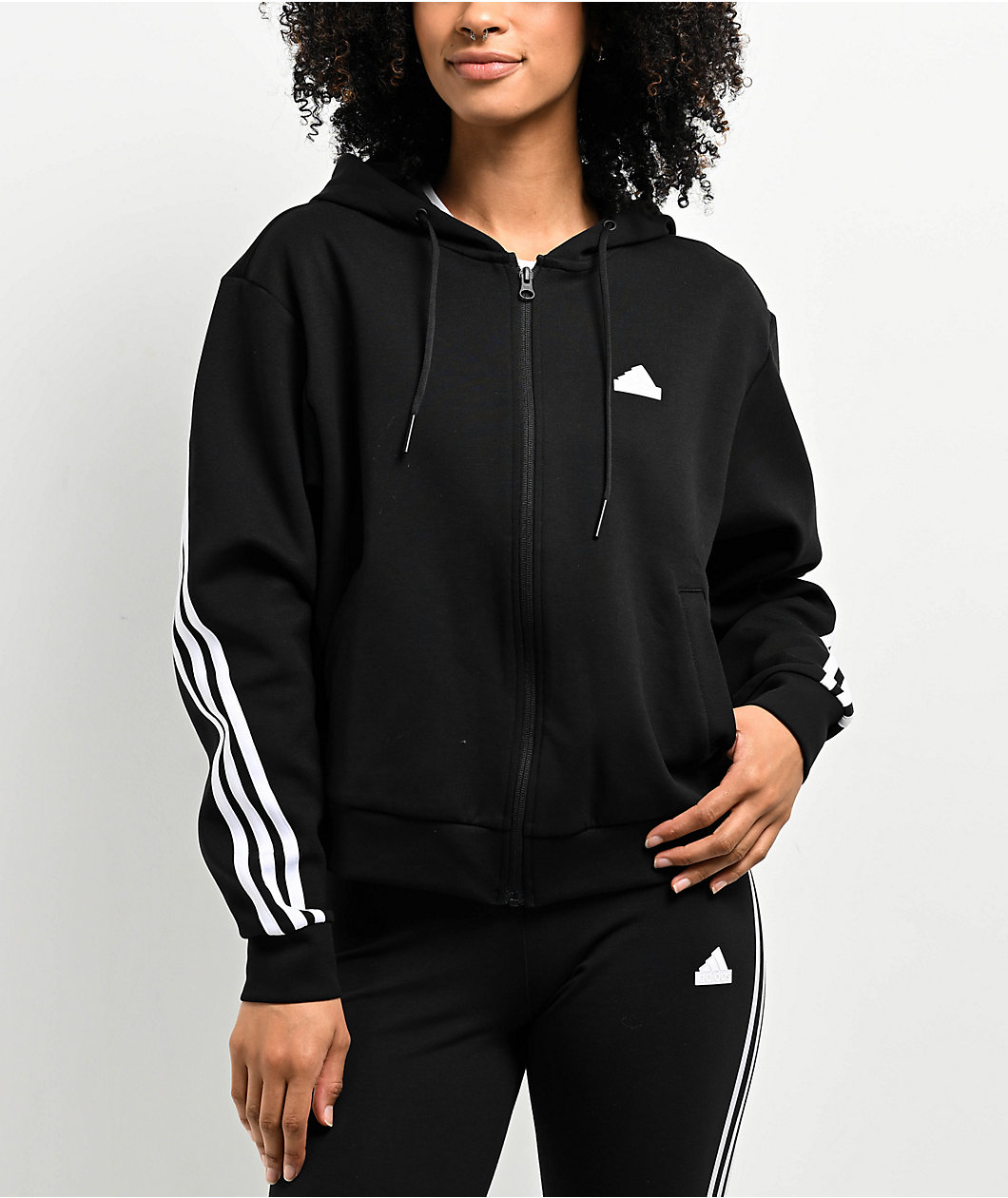 adidas 3 Stripe Black Zip Hoodie