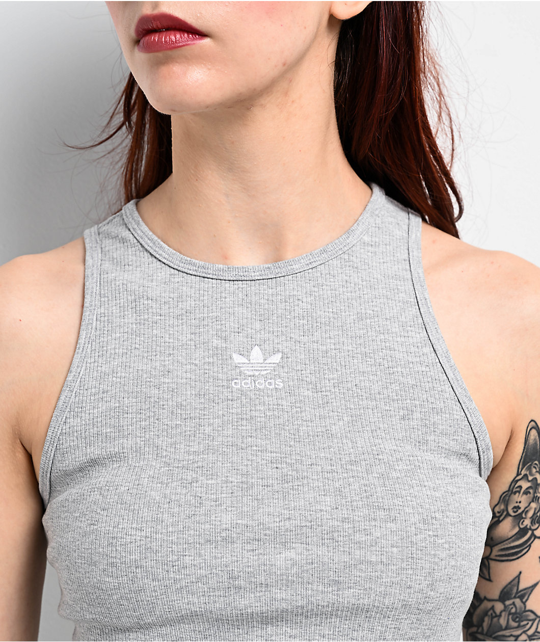 adidas Essentials Ribbed Heather Grey Crop Tank Top