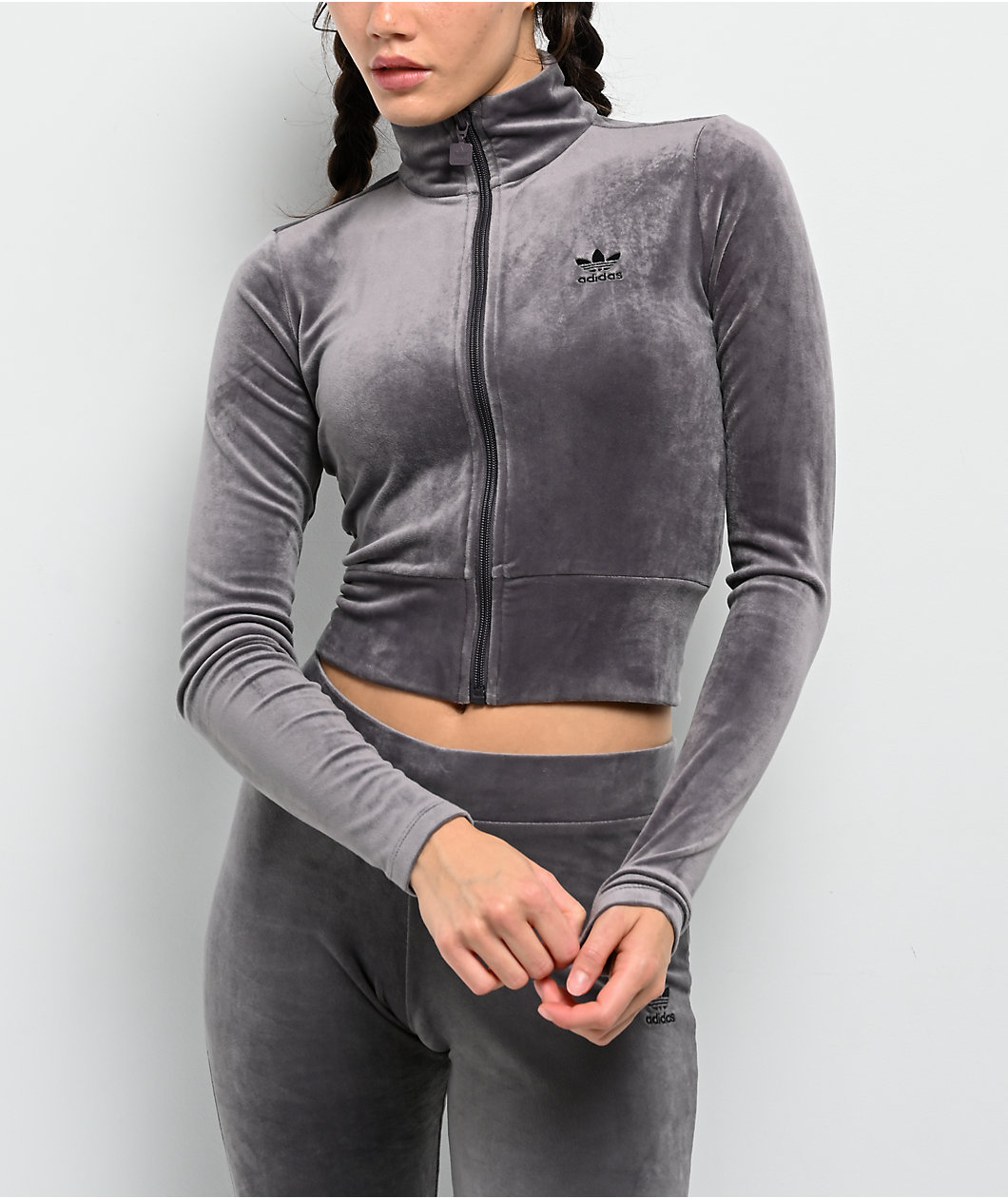 adidas Originals Essentials Grey Velour Zip Crop Track Jacket