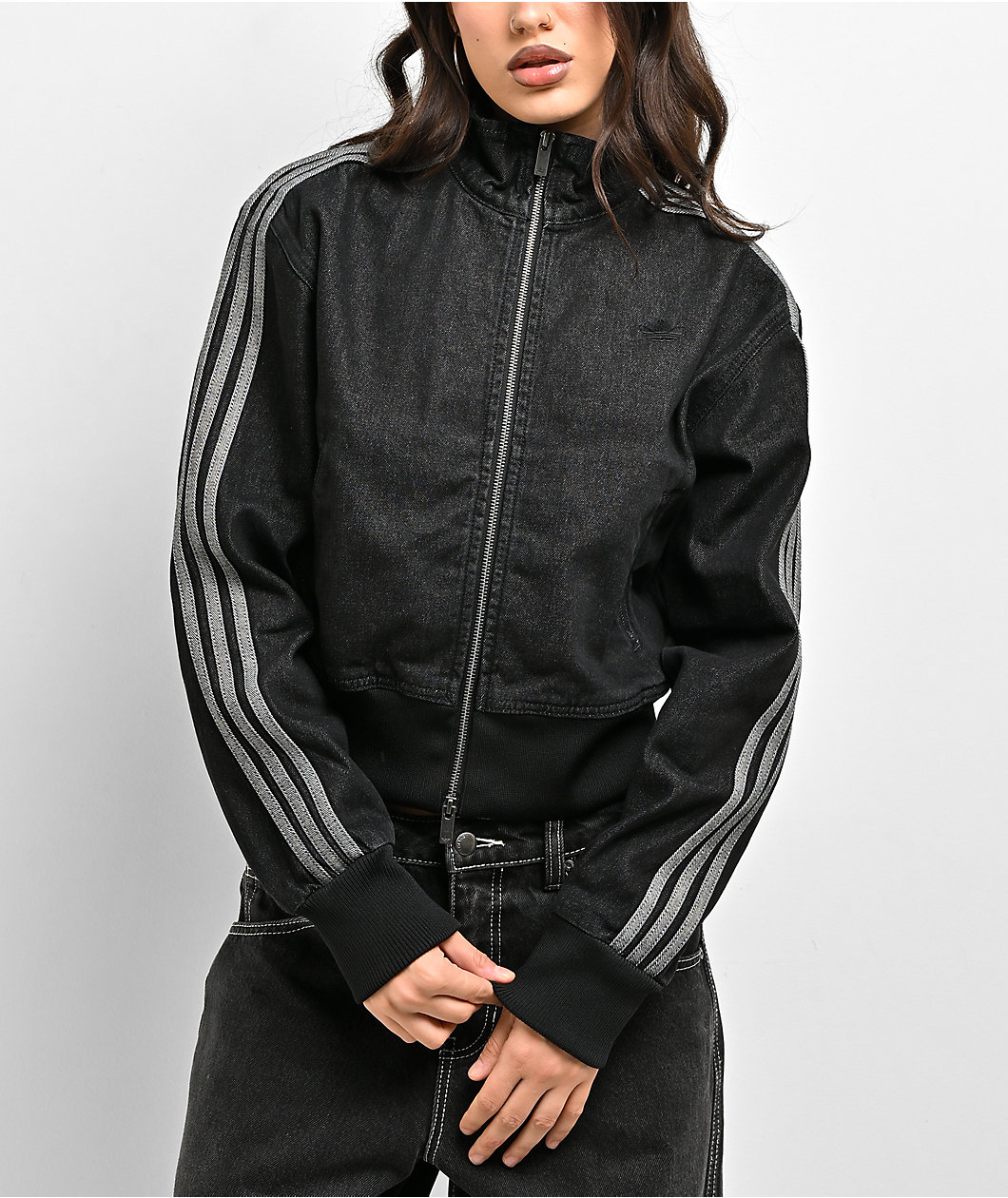 adidas Originals Firebird Black Wash Crop Denim Zip Jacket