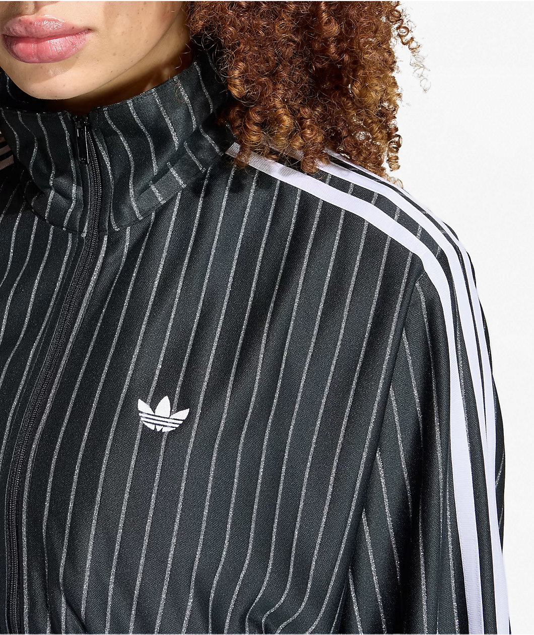 adidas Originals Firebird Pinstripe Black & Silver Metallic Crop Track Jacket