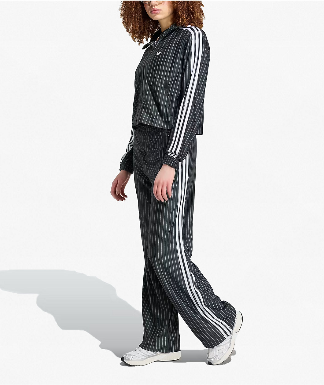 adidas Originals Firebird Pinstripe Black & Silver Metallic Crop Track Jacket