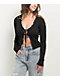Blu Pepper Front Tie Rib Knit Black Long Sleeve Crop Top - Thumbnail image 1 of 3