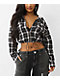 True Religion Applique Shrunken Black Plaid Flannel Crop Zip Hoodie - Thumbnail image 1 of 2